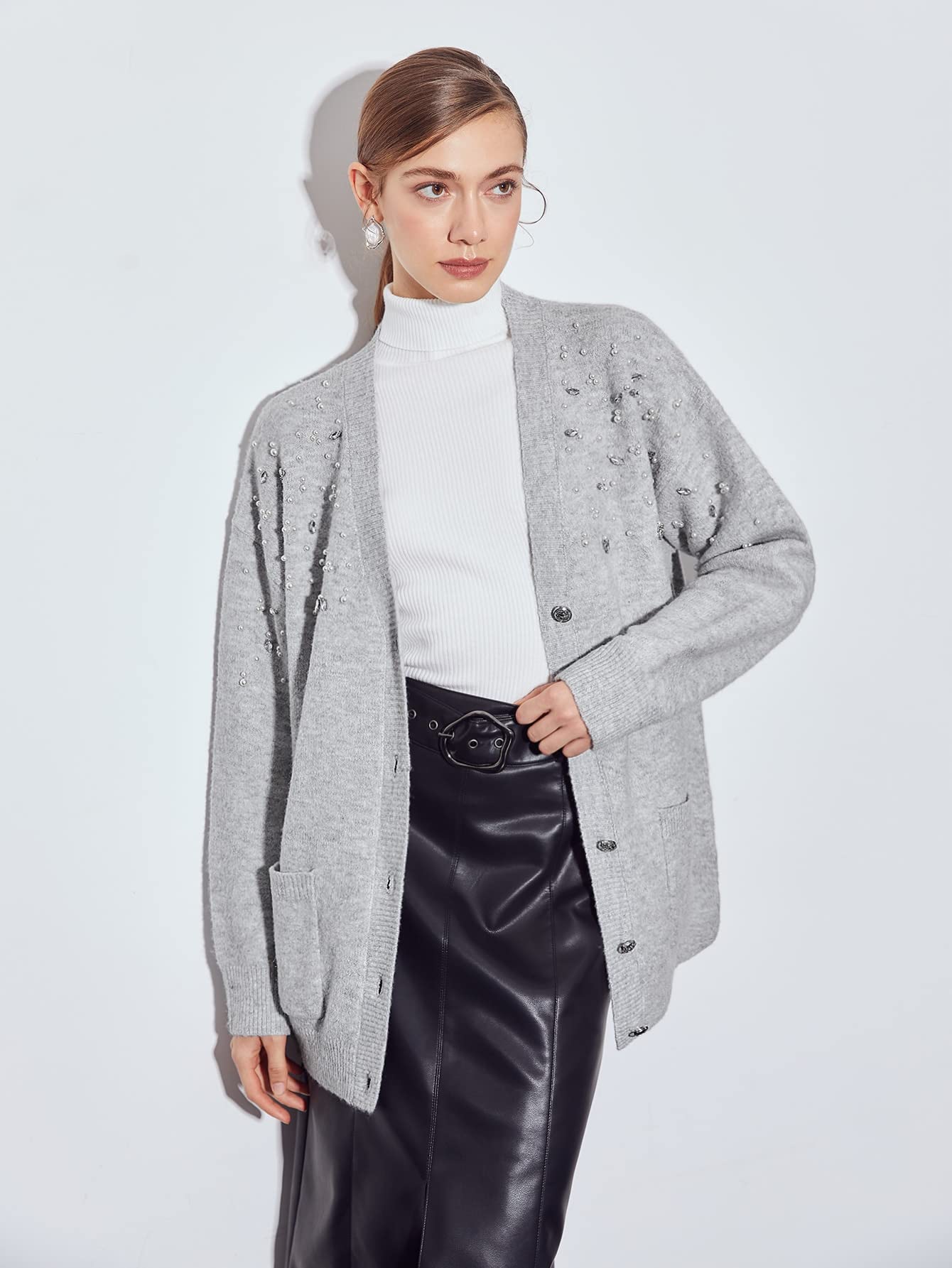 Amazon.com: DoDowny Women's Sweater -Cardigan Wool-Mix Pearls Embellished  Cardigan Fashion Beauty Lovely Unique (Color : Light Grey, Size : Medium) :  Clothing, Shoes u0026 Jewelry