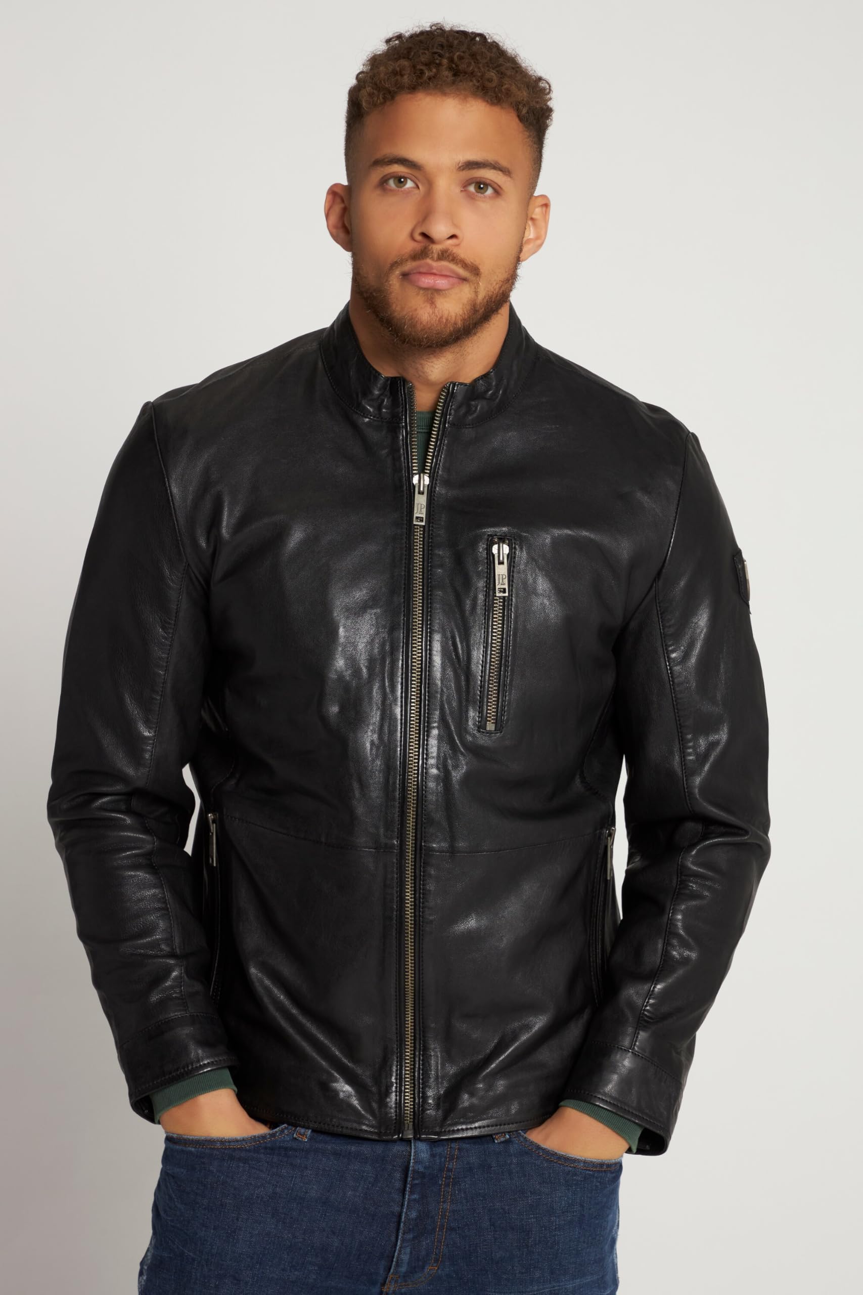 JP 1880 Chaqueta de Cuero, Estilo Motero, Cuello alzado, Cremallera 815880