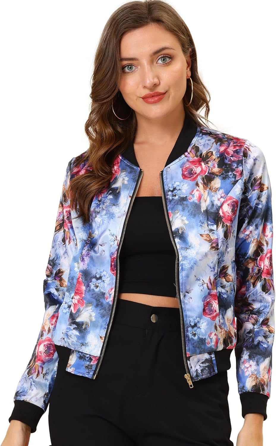 Allegra K Women's Bomber Jacket Satin Long Sleeve Zipper Floral Print Casual Fall Coat with Pocket Winter Outwear