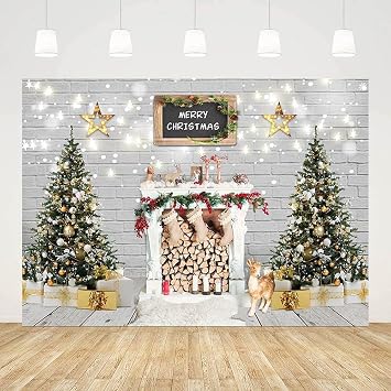7x5ft Merry Christmas Backdrop for Photography Glitter Gold Star Lights Xmas Trees Fireplace Stockings Photo Background Soft Fabric Holiday Party Decorations Photoshoot Props