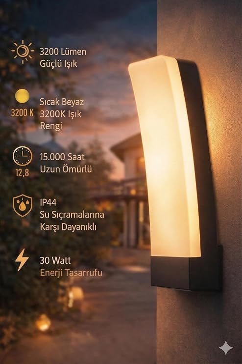 Dış Mekan LED Aplik, Bahçe Duvarı, Teras, Bina Giriş ve Cephe Aydınlatması, Cata Havana 30 Watt, 3200 Lümen, IP44, Modern Tasarım, 3200K Gün Işığı [Enerji Sınıfı G]