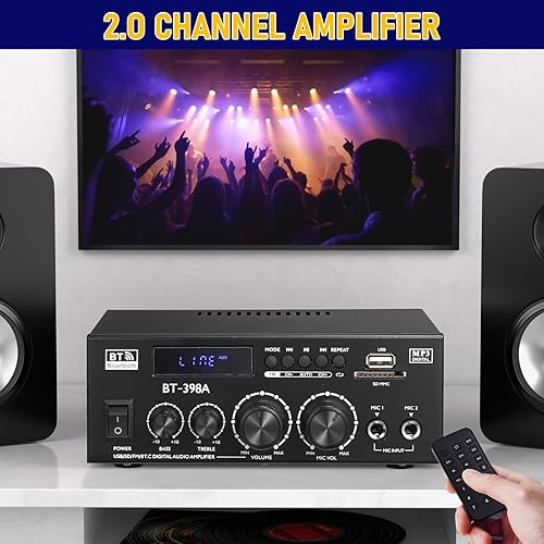 Miniatura 4 de Facmogu BT-398A Amplificador de audio digital estéreo, sistema amplificador de potencia de sonido HiFi Max 450Wx2, amplificador receptor de 2.0