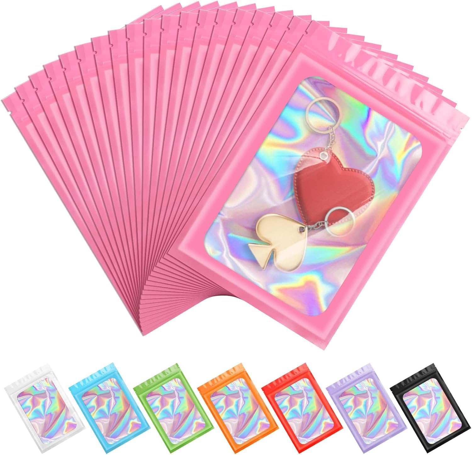 ANZNKU 100PCS Holographic Pink Mylar Bags, Resealable Smell Proof 2.7x3.9
