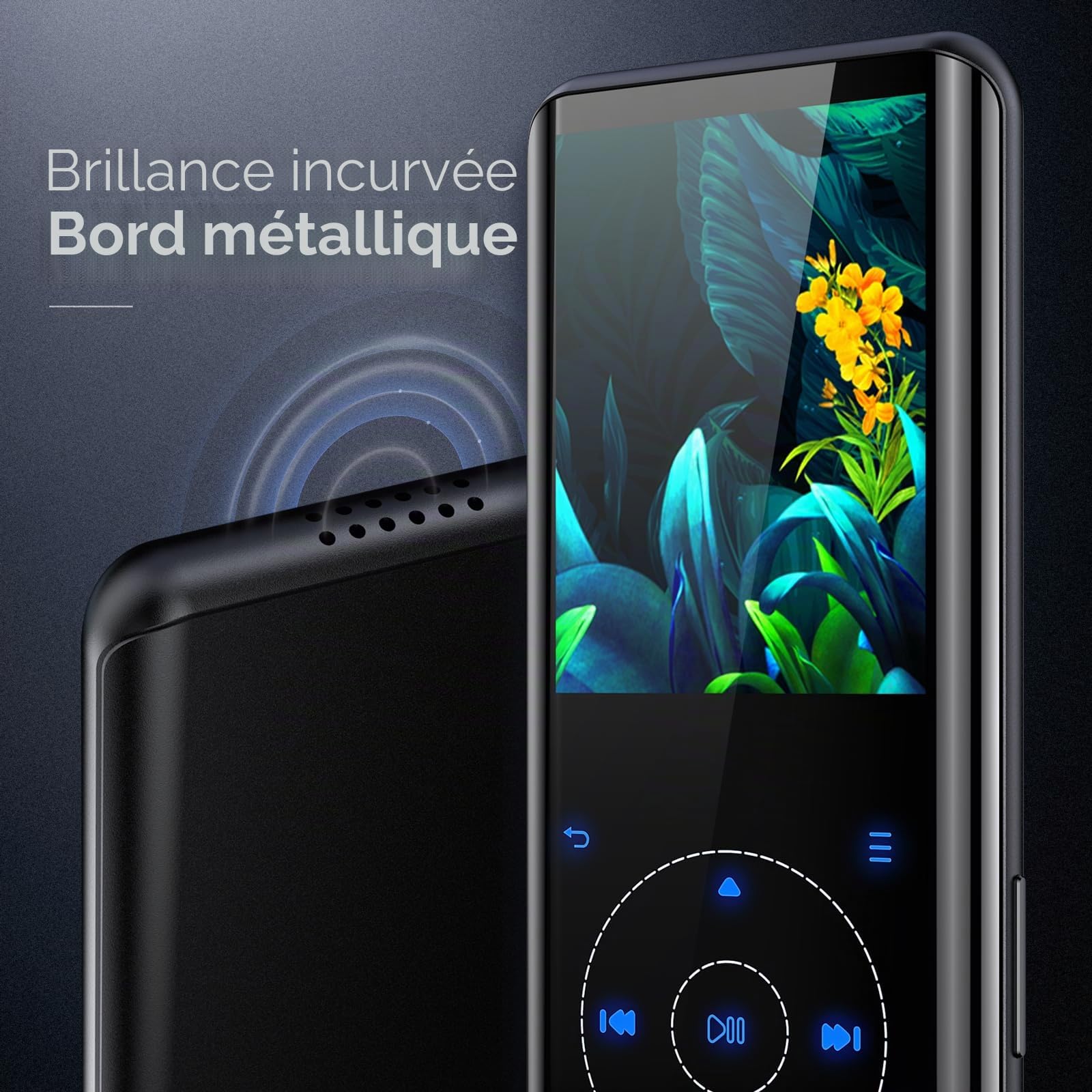 64Go Lecteur MP3 Bluetooth à Boîtier Métallique Courbé Haut-Parleur & Écran 2,4", Son HiFi, Touches Tactiles, Radio FM, Enregistrement, Extensible à 128GB