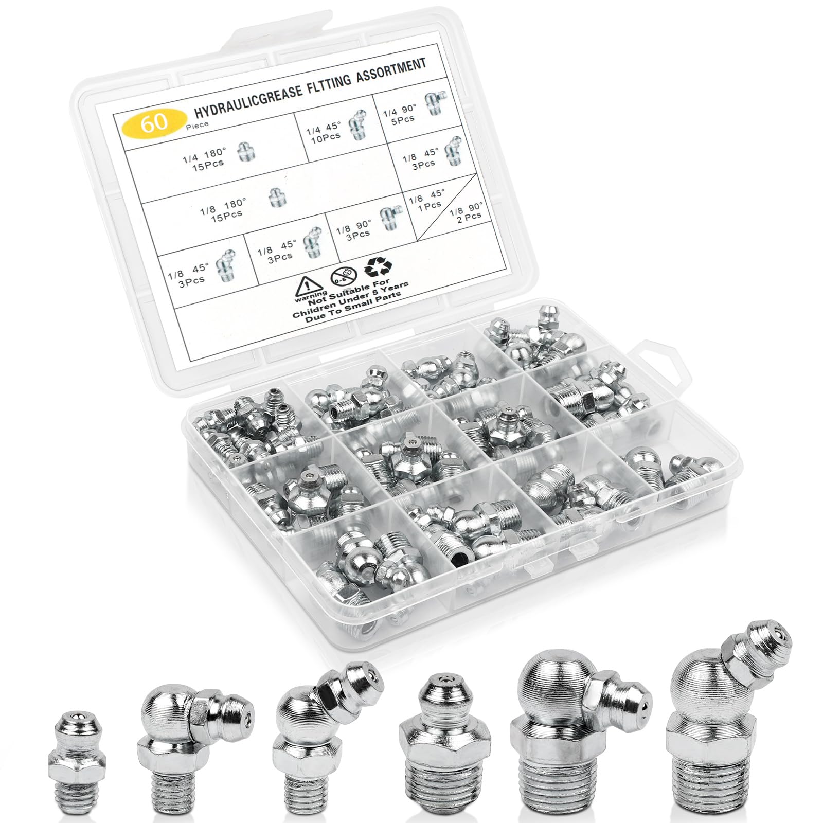 60Pcs Grease Fittings Kit, 1/4 & 1/8 Inch BSP Grease Zerk Fittings Assortment with 90 Degree, 45 Degree, and Straight Angle for Automotive, Tractors, and Industrial Machinery
