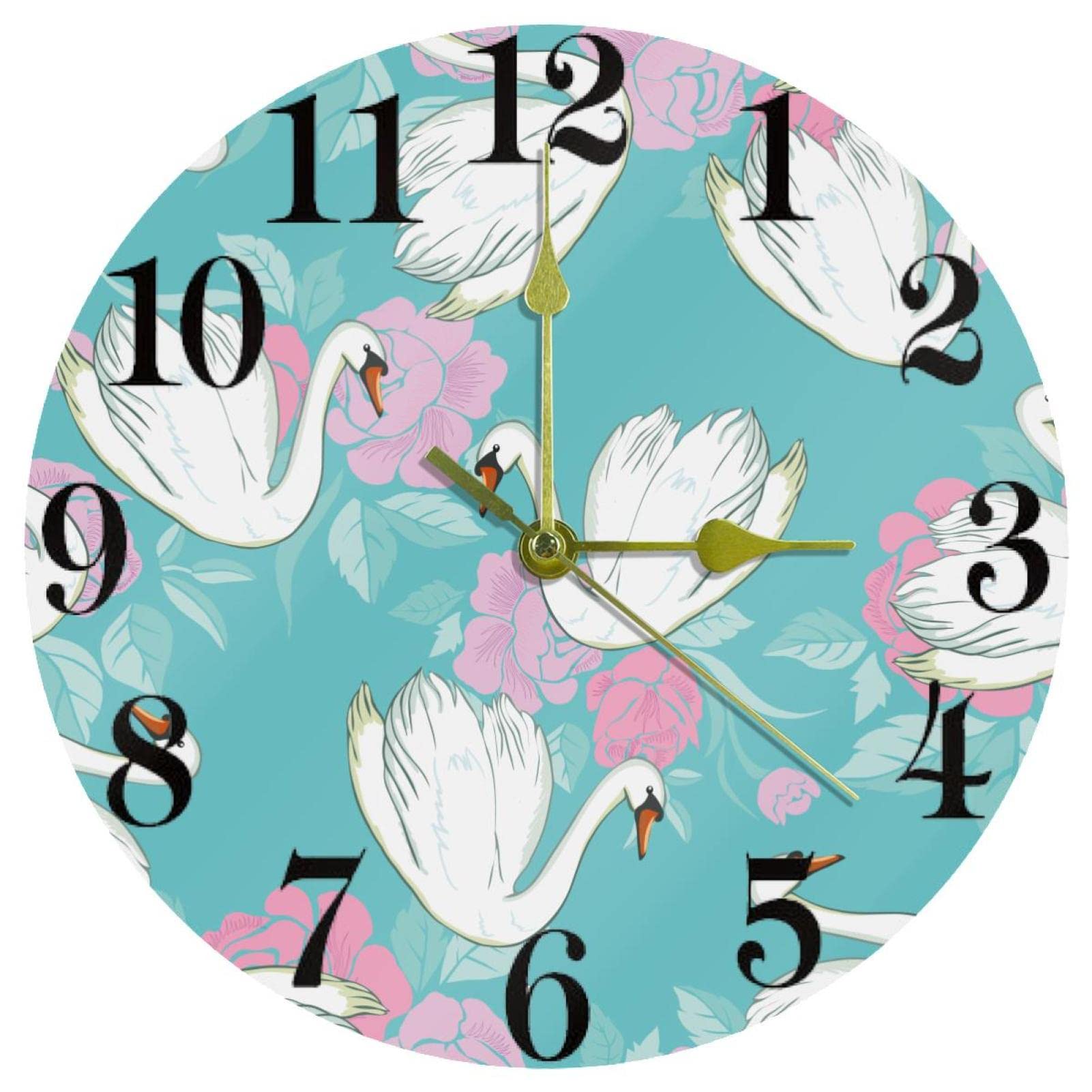 Horloge murale de cuisine motif cygne et fleurs déco romantique
