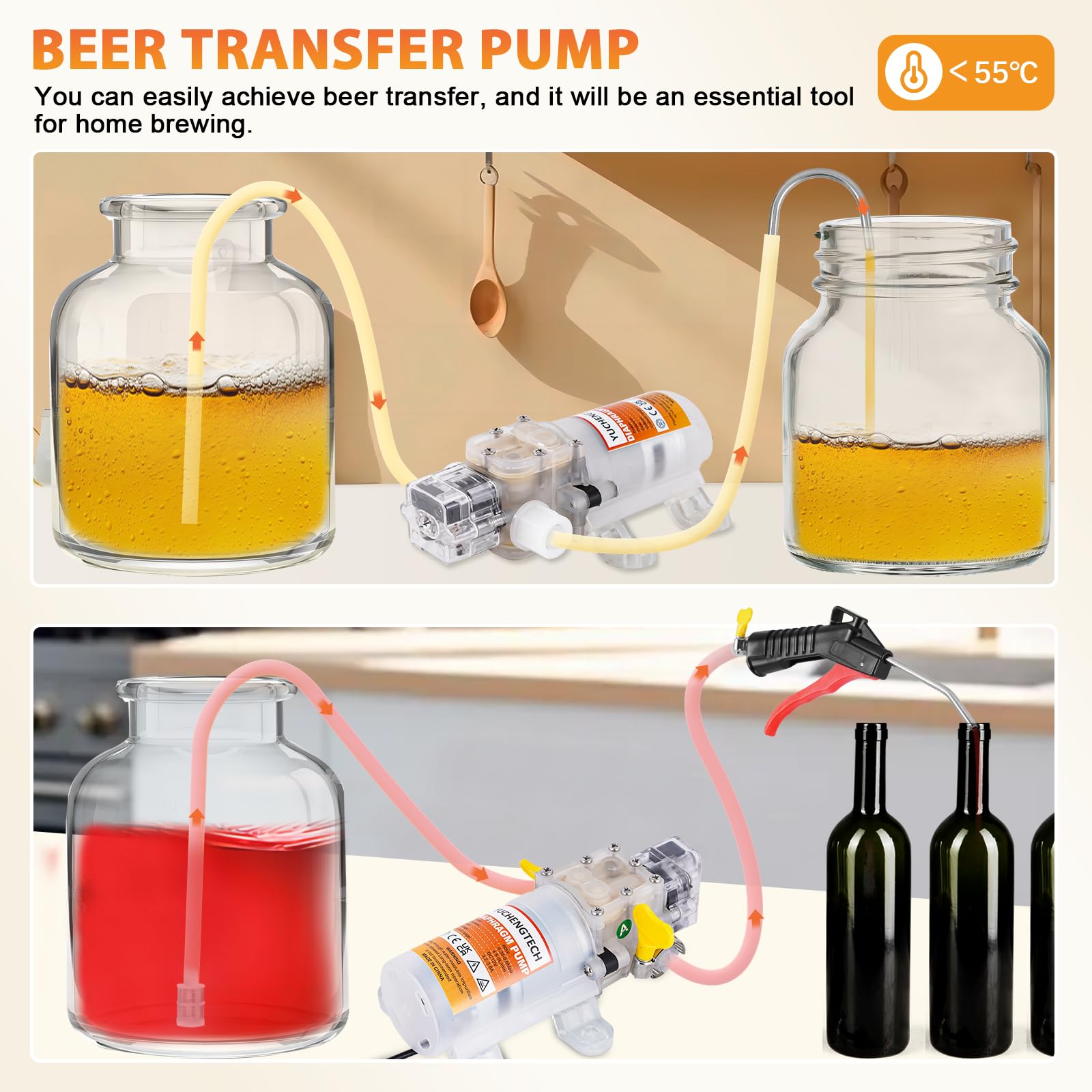 YUCHENGTECH Pompa elettrica per il trasferimento del vino con controllo del flusso e avvio automatico, include pistola di riempimento liquido, tubo da 4 m e 2 filtri, a basso rumore, ideale per