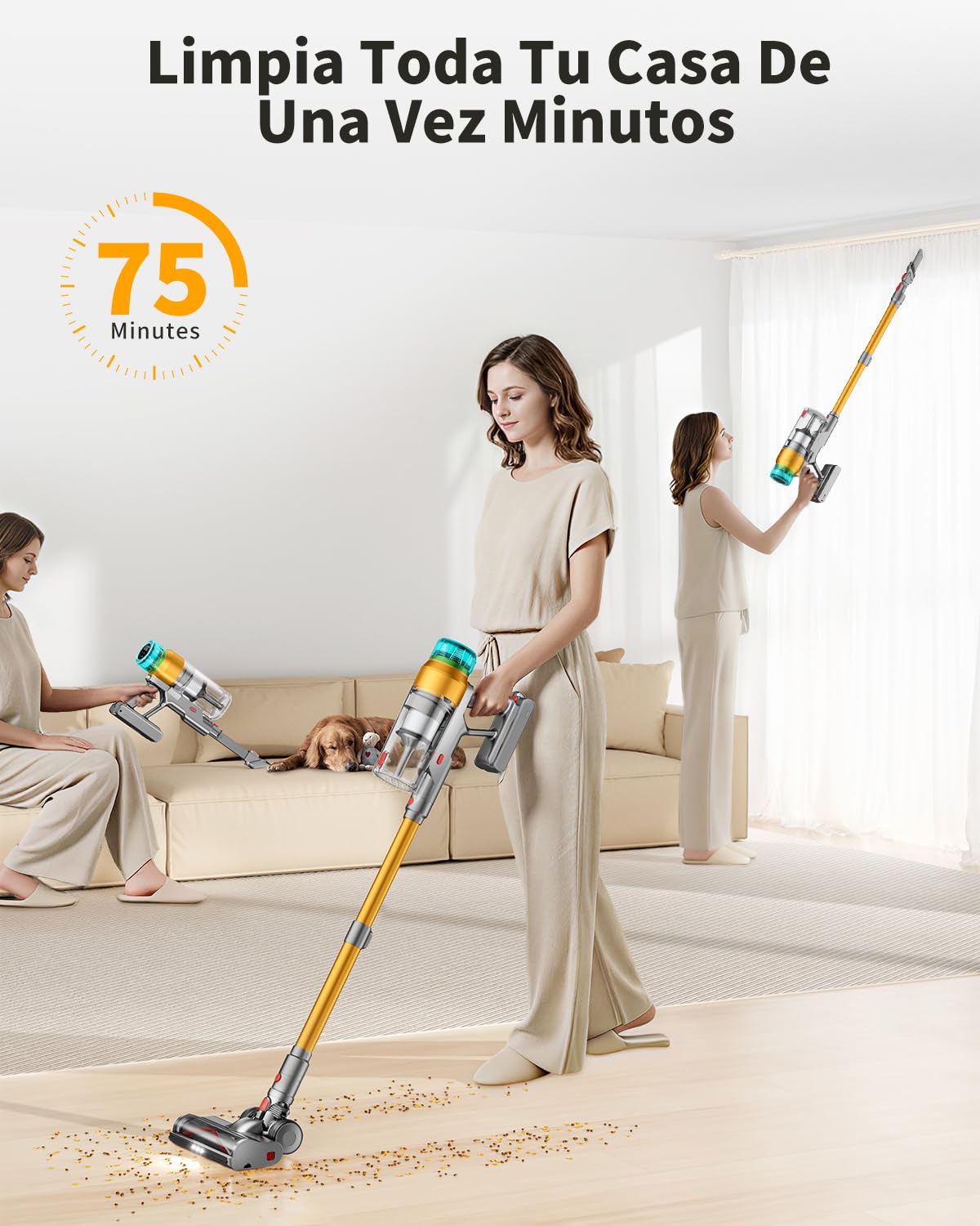 60KPa/600W Aspiradora sin Cable, Aspiradora Fregadora Sin Cable Potente hasta 75Mins, con Carga de Pared Smart Screen, Cepillo Antienredos, Alfombra Pelo Mascota Suelo Sofá (Morado) (Verde) (Oro)