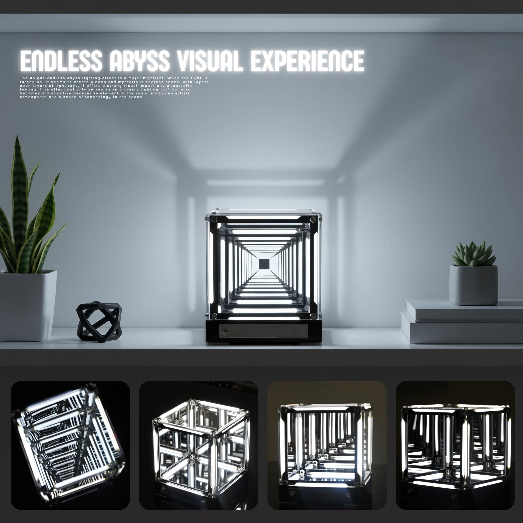 Infinity Hyper Cube Spiegellicht, LED-Abyss-Effekt, Schreibtisch-Nachtlicht, wiederaufladbar, Acryl, einfarbig, Ambiente-Gaming-Licht, One-Touch-dimmbar, für Spieltisch, Gamer, Dekoration