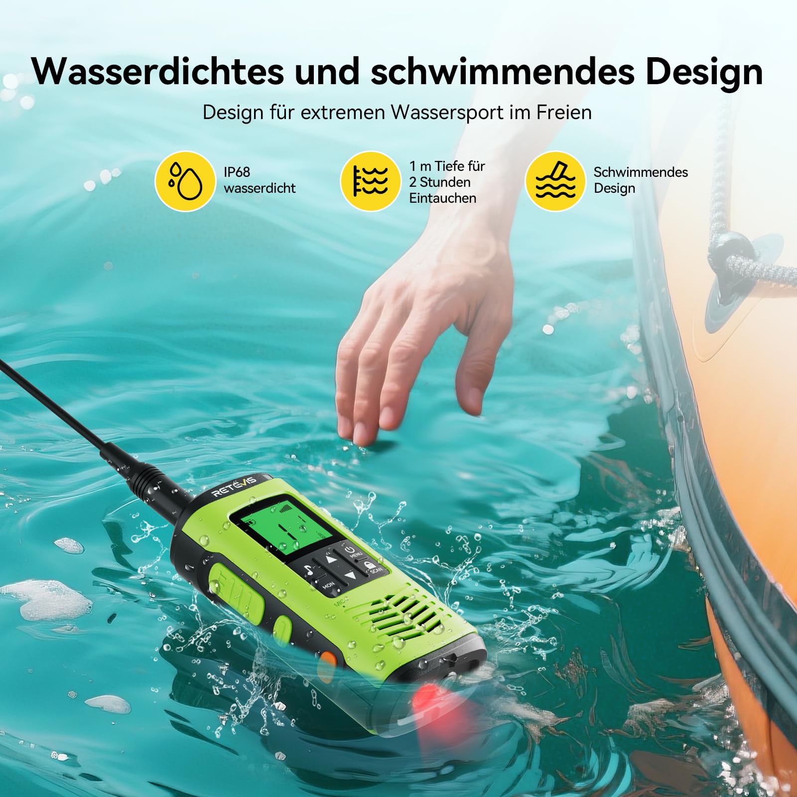 Retevis EZTalk 64S Walkie Talkie, IP68 Wasserdichtes Funkgerät Langstrecken | RT649P 2.0 Funkgeräte für Kajak, Camping Angeln, Korrosionsbeständige, Rechargeable, Taschenlampe, SOS-Alarm, Robust Radio