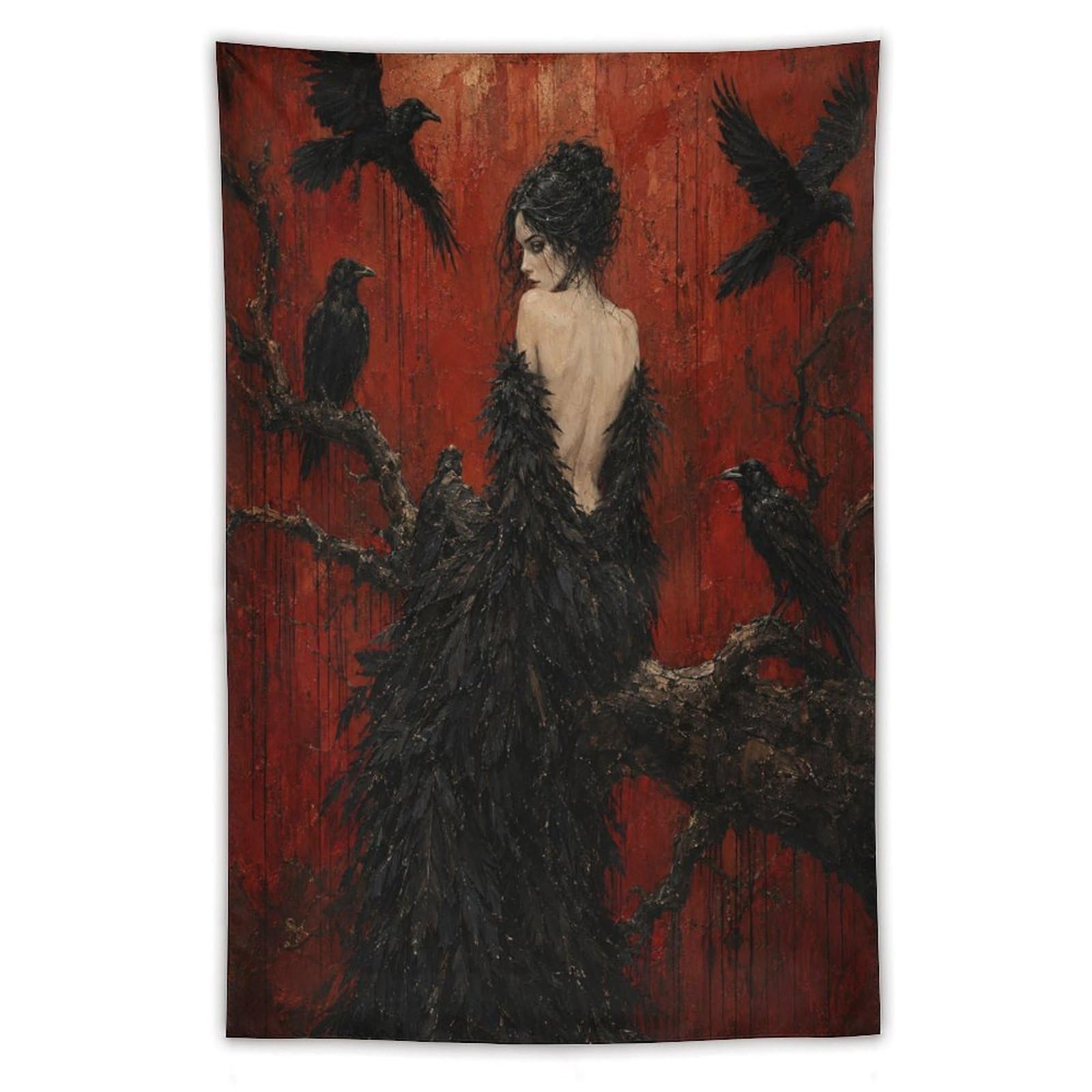 W7C8U2X3 Raven Woman Surrounded by Crows Wall Tapestry, Gothic Art
