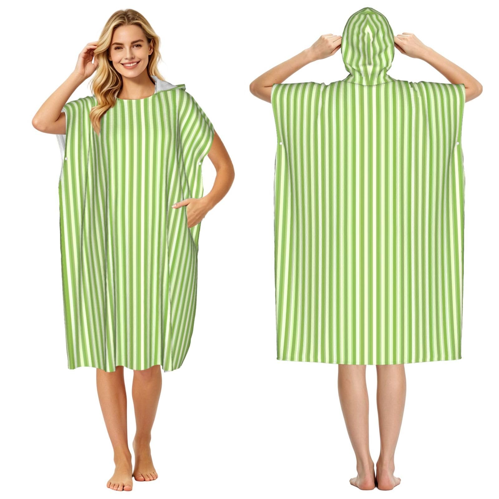 Serviette de plage poncho à capuche adulte pour le surf | Peignoir bain microfibre rayé vert