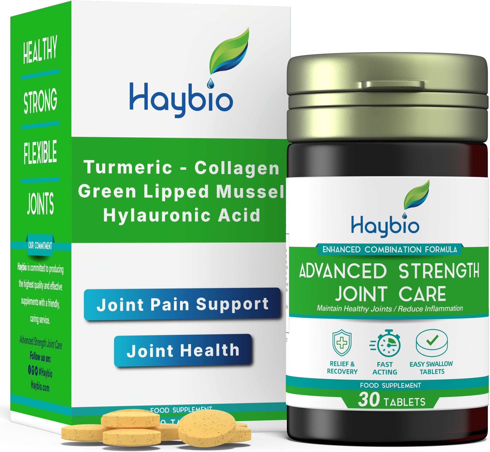 Haybio Joint Pain Relief - 30 Tablets - High Strength Formula -Joint Care Supplements - Green Lipped Mussel - Turmeric - Collagen - Hyaluronic Acid - -Fast Acting - Knee Pain Relief