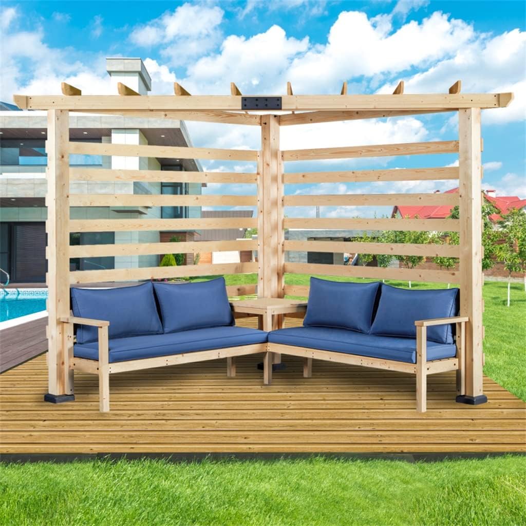 9x9 FT Solid Wood Pergola with Corner Seating and Table, Outdoor Patio with Cushioned Sofa