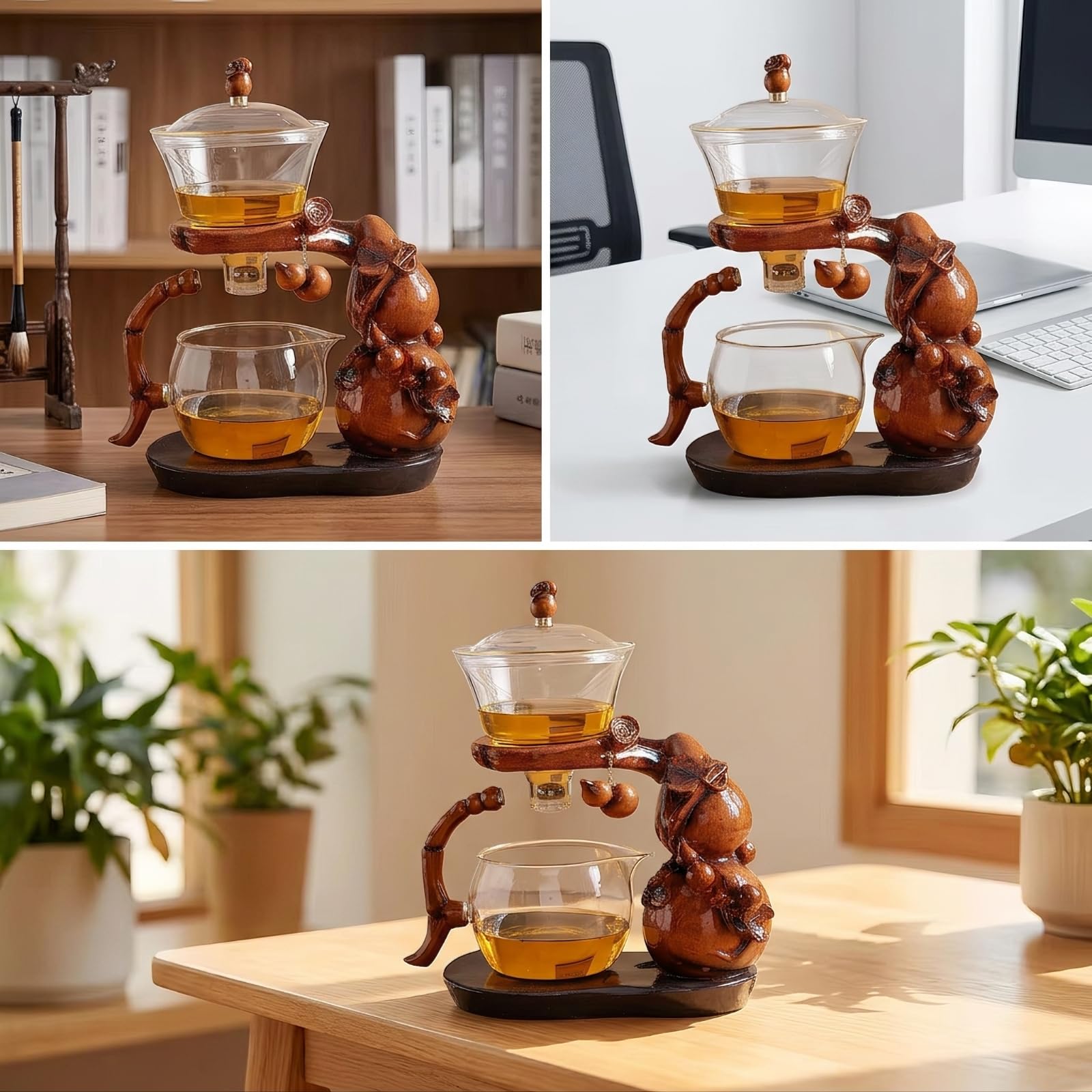 Dispositif d'Infusion Gourd Central Théière Infuseur Carafe Tasse Réceptrice en Verre Borosilicaté avec Socle Bois et Poignée Courbée Infusion Visible