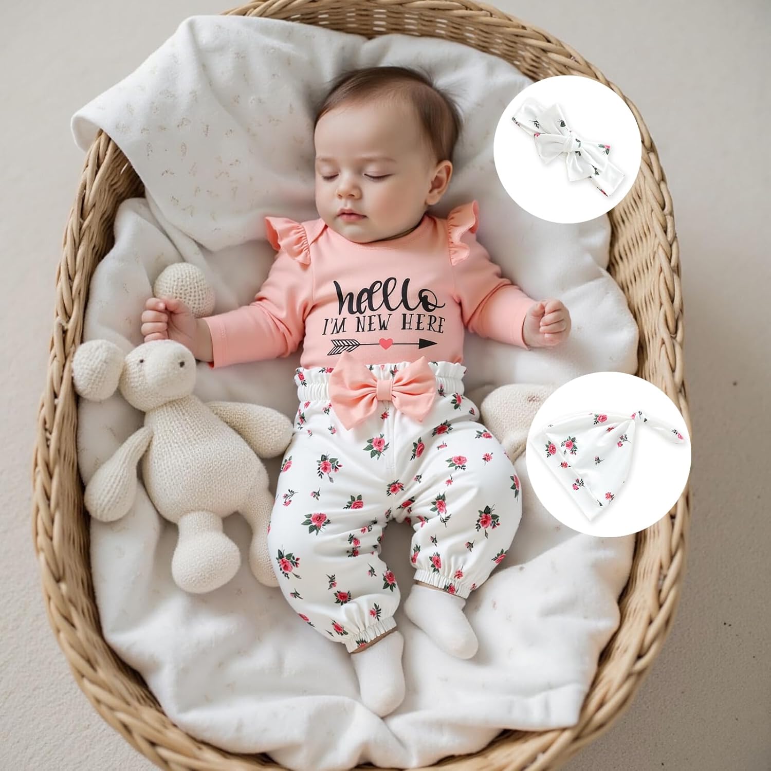 Hello World I'm New Here Newborn Girl Clothes Long Sleeve Onesie Floral Pants Set Cute Baby Coming Home Outfits - Image 2