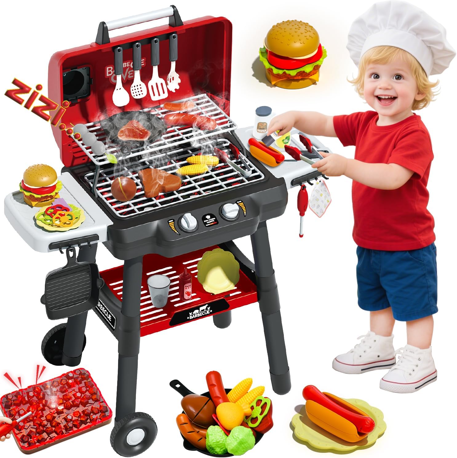 Kids BBQ Grill Playset, Kitchen Playset with Smoke Sound Light and Wheel, Movable Pretend Play Toy Grills for Kids Ages 4-8, 2-Layer Outdoor Cooking Toys for Toddlers 3-5 Birthday Gifts
