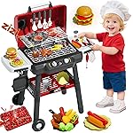 Kids Grill Playset, BBQ Toy Grill with Smoke Sound Light and Wheel, Movable Pretend Play Kitchen Toys Grills for Toddlers 3-5, 2-Layer Barbecue Play Food Christmas Birthday Gifts for Grandkids