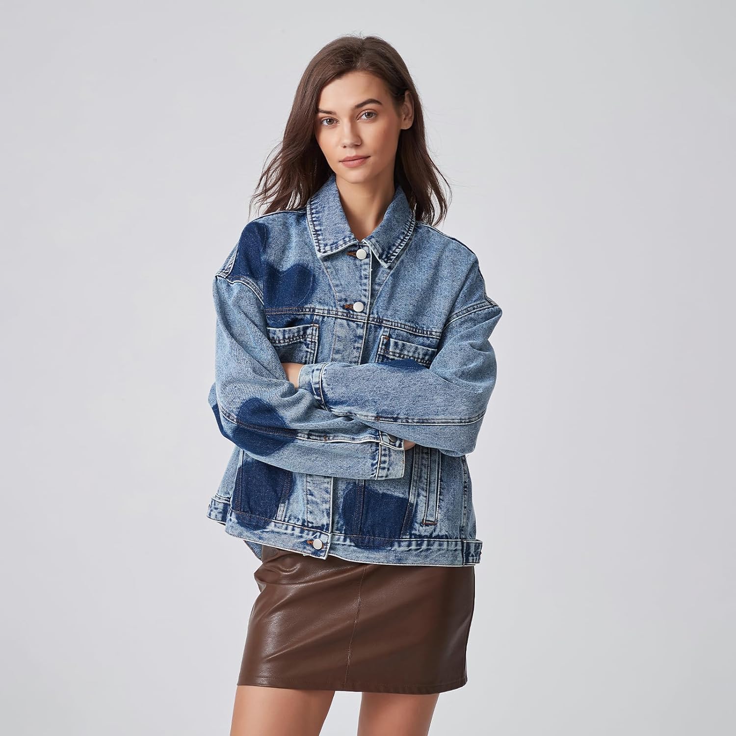 D-Sun Women Casual Denim Jacket Oversized Leopard Stars Printed Boyfriend Vintage Jean Jacket Coat with Pockets
