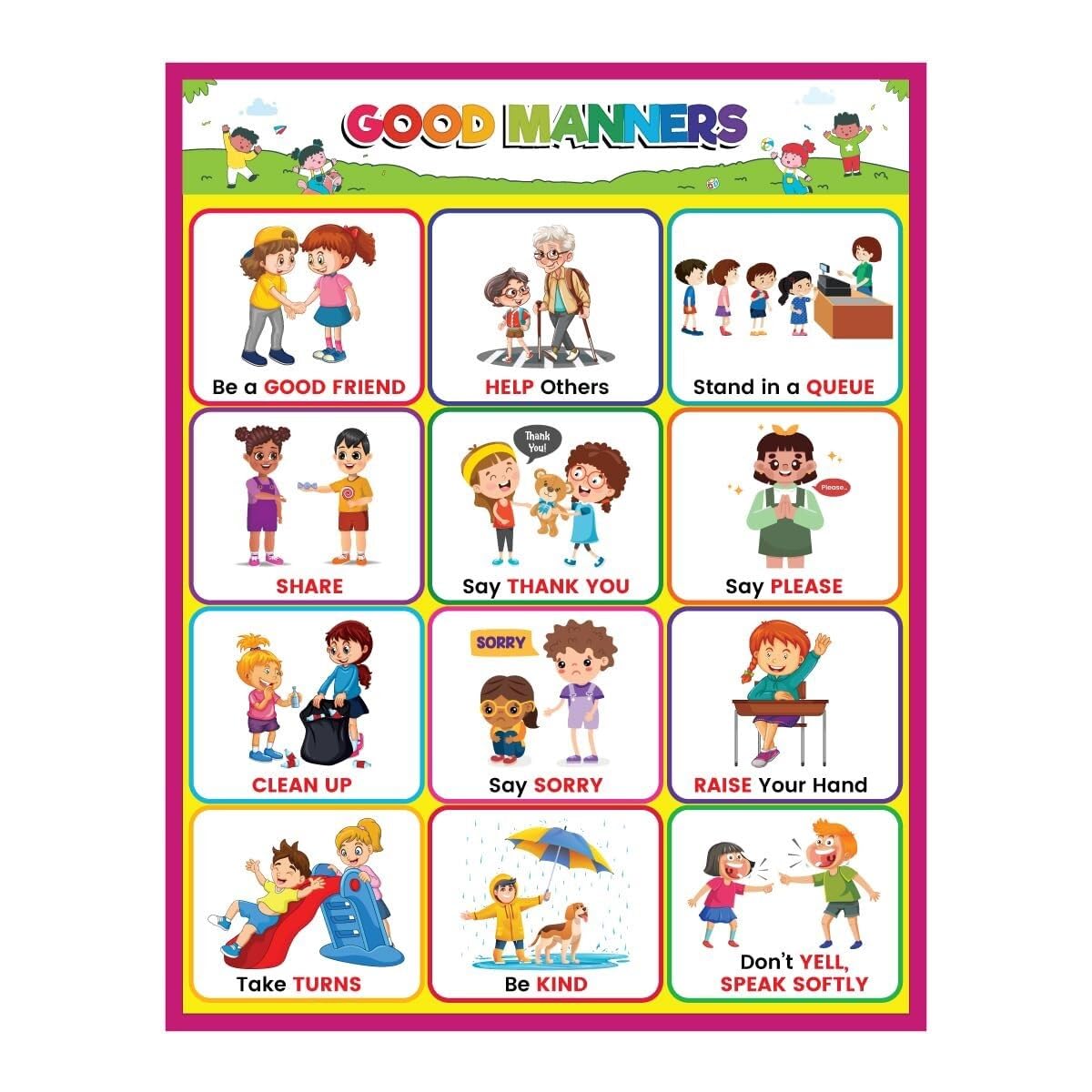 XGINERFEX Set of 4 Manners Posters - Visual Social Skills Aid for Teaching Kindness, Sharing, and Listening in Pre-K or Kindergarten(Framed,12x18inch(30x45cm))