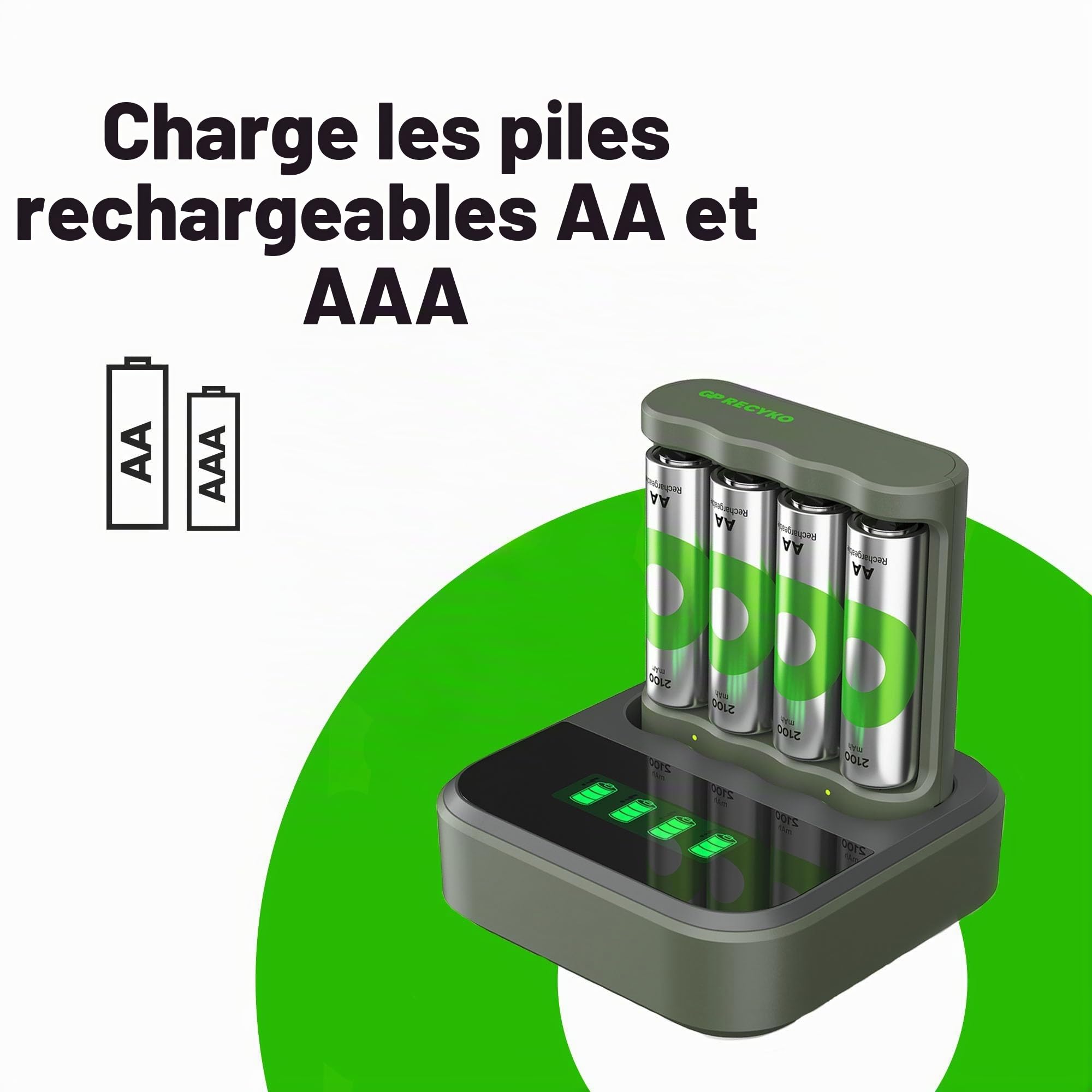 GP ReCyko B441 Chargeur de Batterie USB avec 4 Piles ReCyko AA 2100 mAh et Station d'accueil USB, Chargeur de Batterie AA AAA avec voyants LED