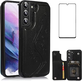 Asuwish Case for Samsung Galaxy S22 Plus /S22+ with Tempered Glass Screen Protector, Flip Wallet Cases Leather Stand with Card Holder,Double Magnetic Clasp and Durable Shockproof Cover Black