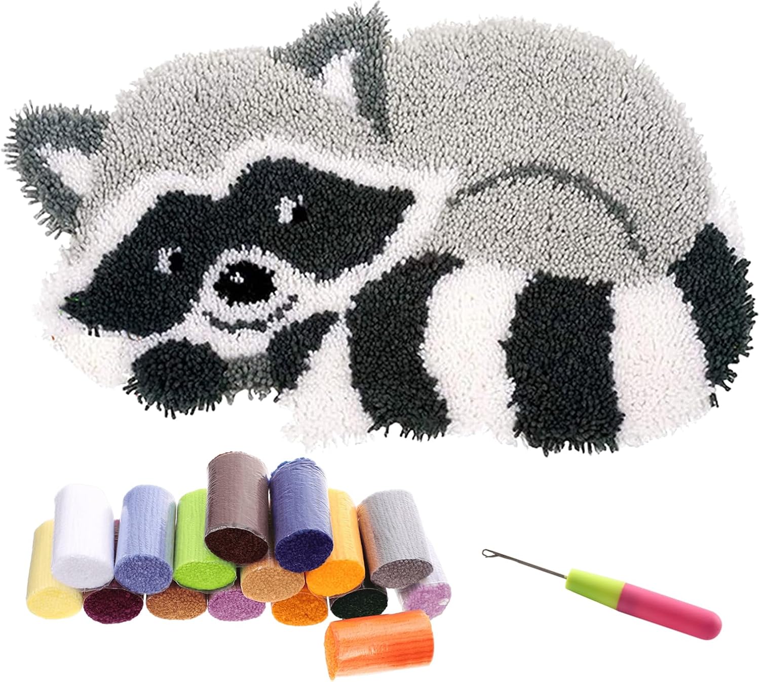 Wi8parts Raccoon Latch Hook Kit for Beginners, Raccoon Patterns with Printed Canvas and Pre-Cut Yarns, DIY Cross-Stitch Embroidery Crochet Rug Set Carpet Craft for Home Decor, 20.5x15in