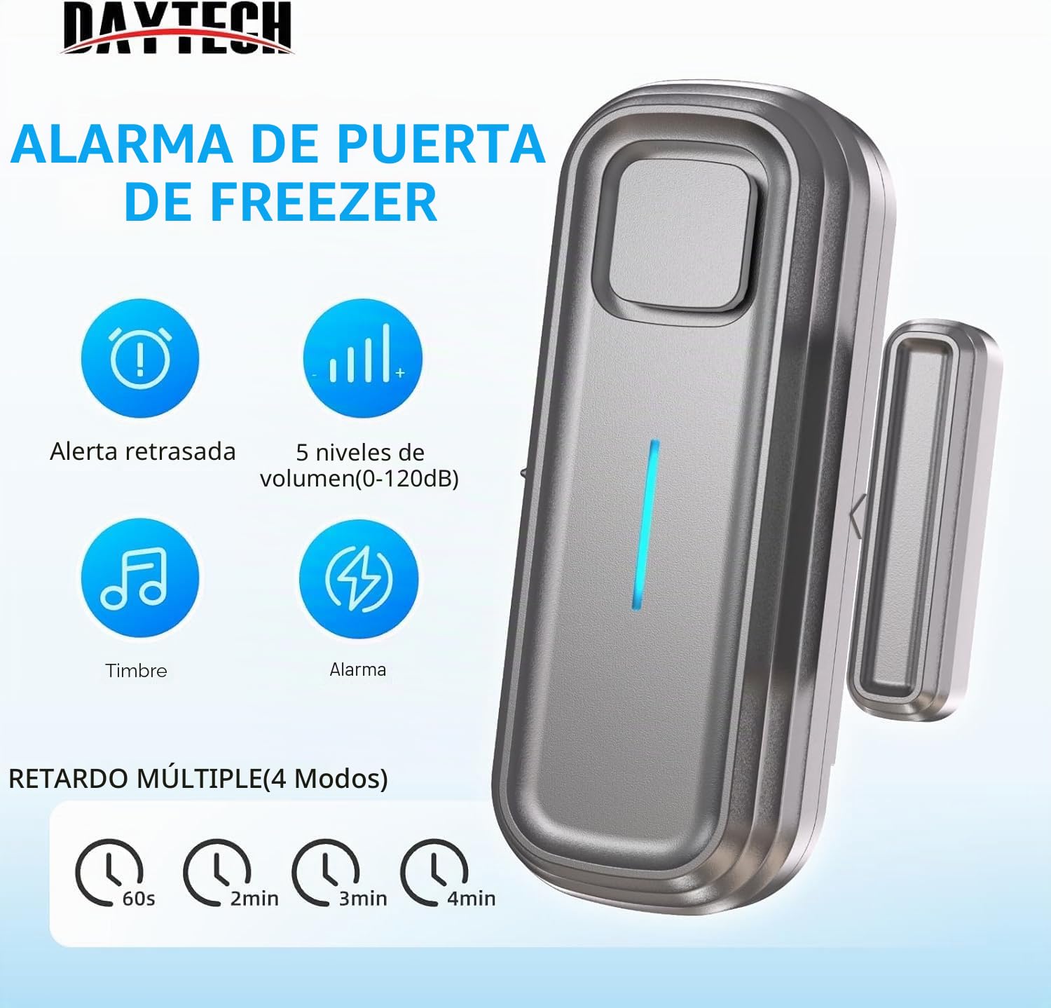 Alarma de puerta de frigorífico DAYTECH con retraso de 1/2/3/4 minutos cuando se abre la ventana, alarma de cierre de puertas, recordatorio, sensor de puerta de congelador o timbre de 0 a 120 dB para