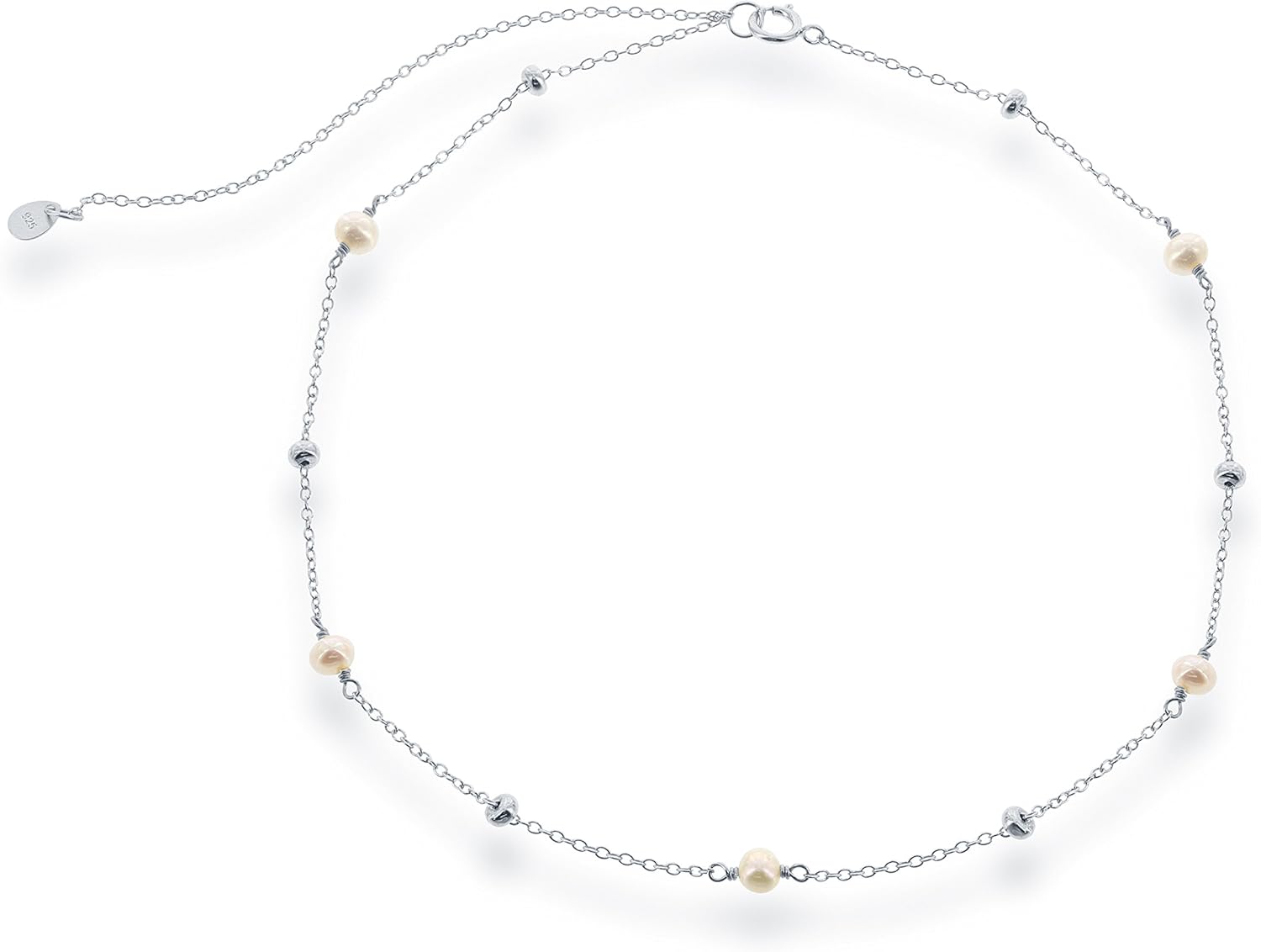 Sterling Silver Cultured Freshwater Pearls and Beads Adjustable 12" to 15" Choker Necklace