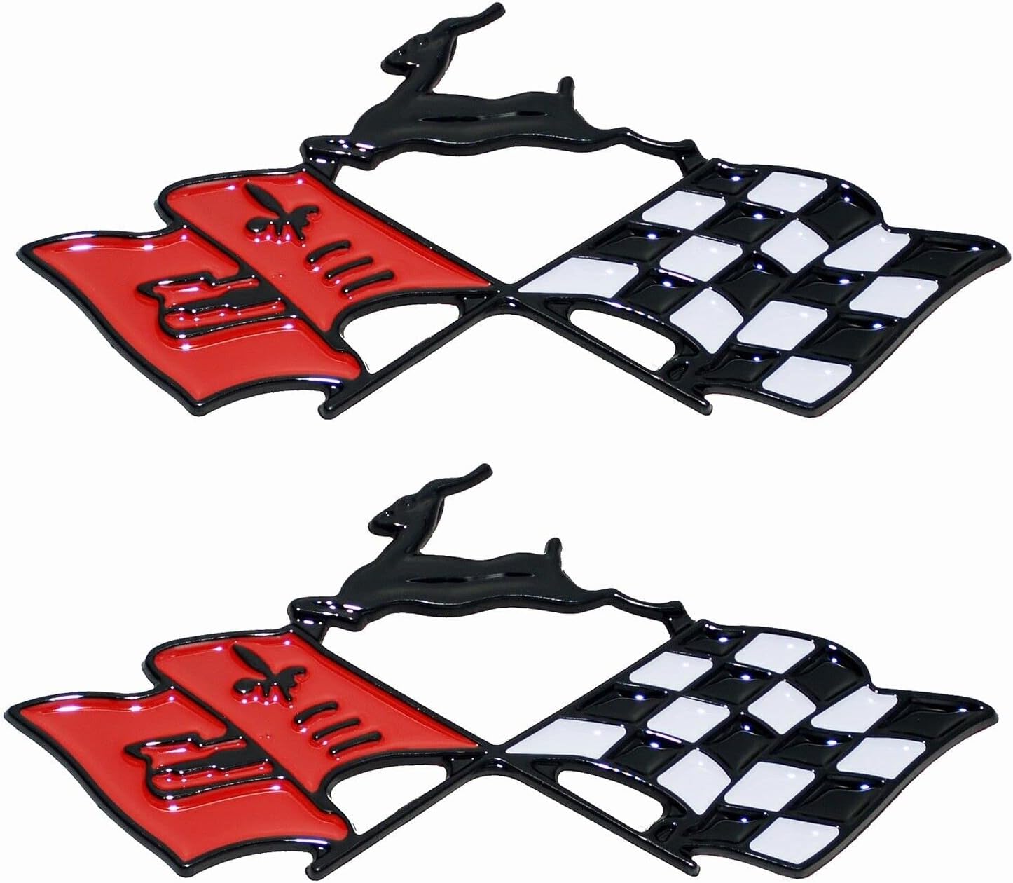 2Pc 1961 Impala Die Cast Rear Quarter Panel Emblem Crossed Flag 3D Badge Sticker KC4525 Replacement for Impala (Black Red)