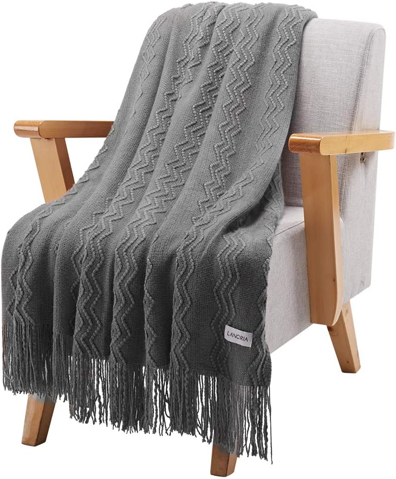 LANGRIA Throw Blanket Soft Decorative Knitted Blanket with Tassels Attractive Wavy Pattern Warm and Lightweight for Sofa Coach Bed at Home and Outdoor Machine Washable Eco-Friendly (50x60-Inch, Gray)