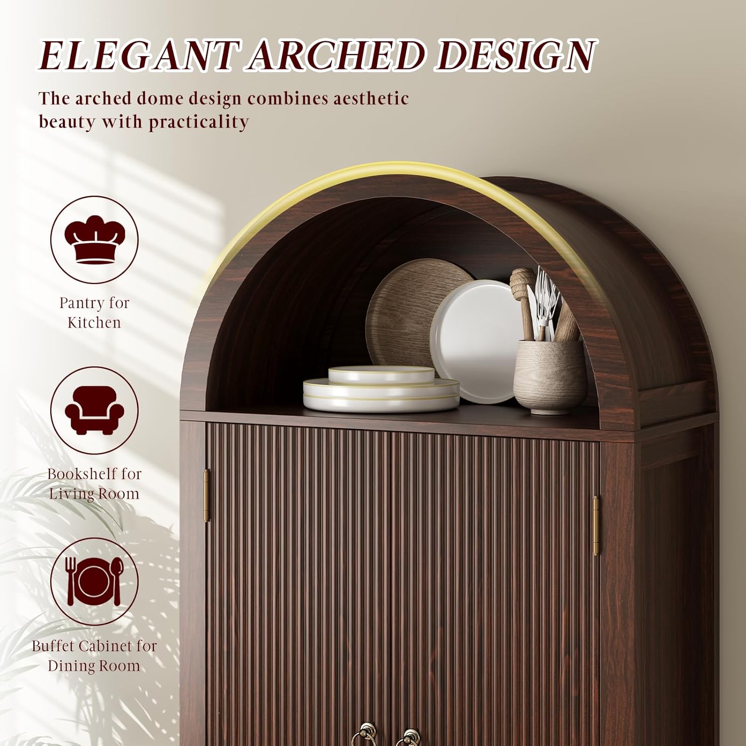 FURSUN 71" Arched Pantry Cabinet with Fluted Doors, Tall Storage Cabinet with 2 Drawers & Adjustable Shelves, Modern Wood Coffee Bar Cabinet for Kitchen, Living Room, Dark Walnut