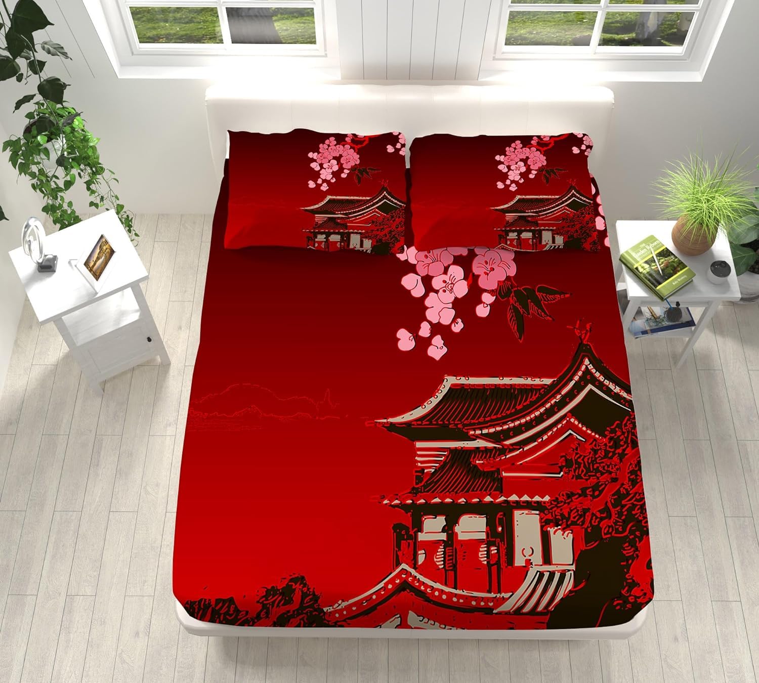 Drap housse 140x190 fleurs de cerisier 3D pour literie grand bonnet