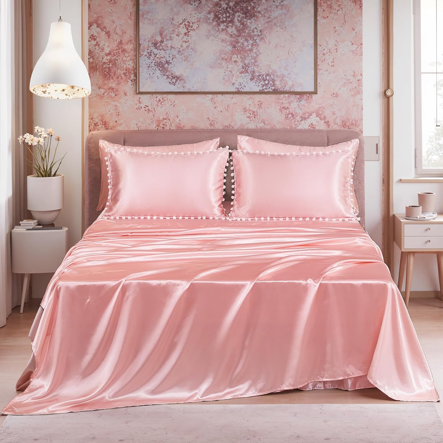 Bedorm Pink Satin Comforter Set 10 Pcs Silk Like Silky Bedding Set King Size White Pom Pom Aesthetic Comforter Queen Bed in A Bag with Comforter & Sheet Set & Pillowcase & Bed Skirt