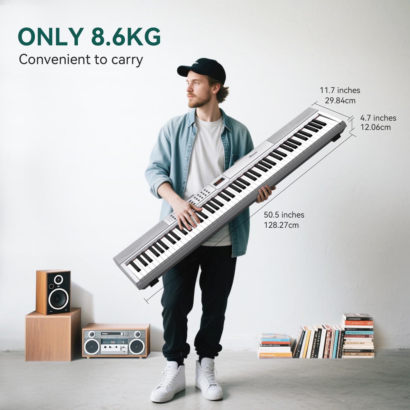 Rosen P51 Full Size Weighted Keyboard 88 Key Beginner Digital Piano, Tragbares E-Piano mit Sustain Pedal und Netzteil, Silber