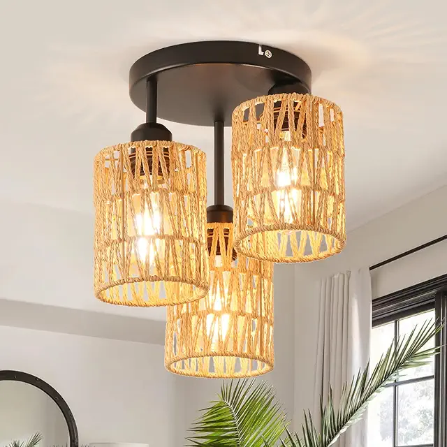 ANWIO Rattan Pendant Light - Vintage Bamboo Chandelier for Living Room, Bedroom, Kitchen