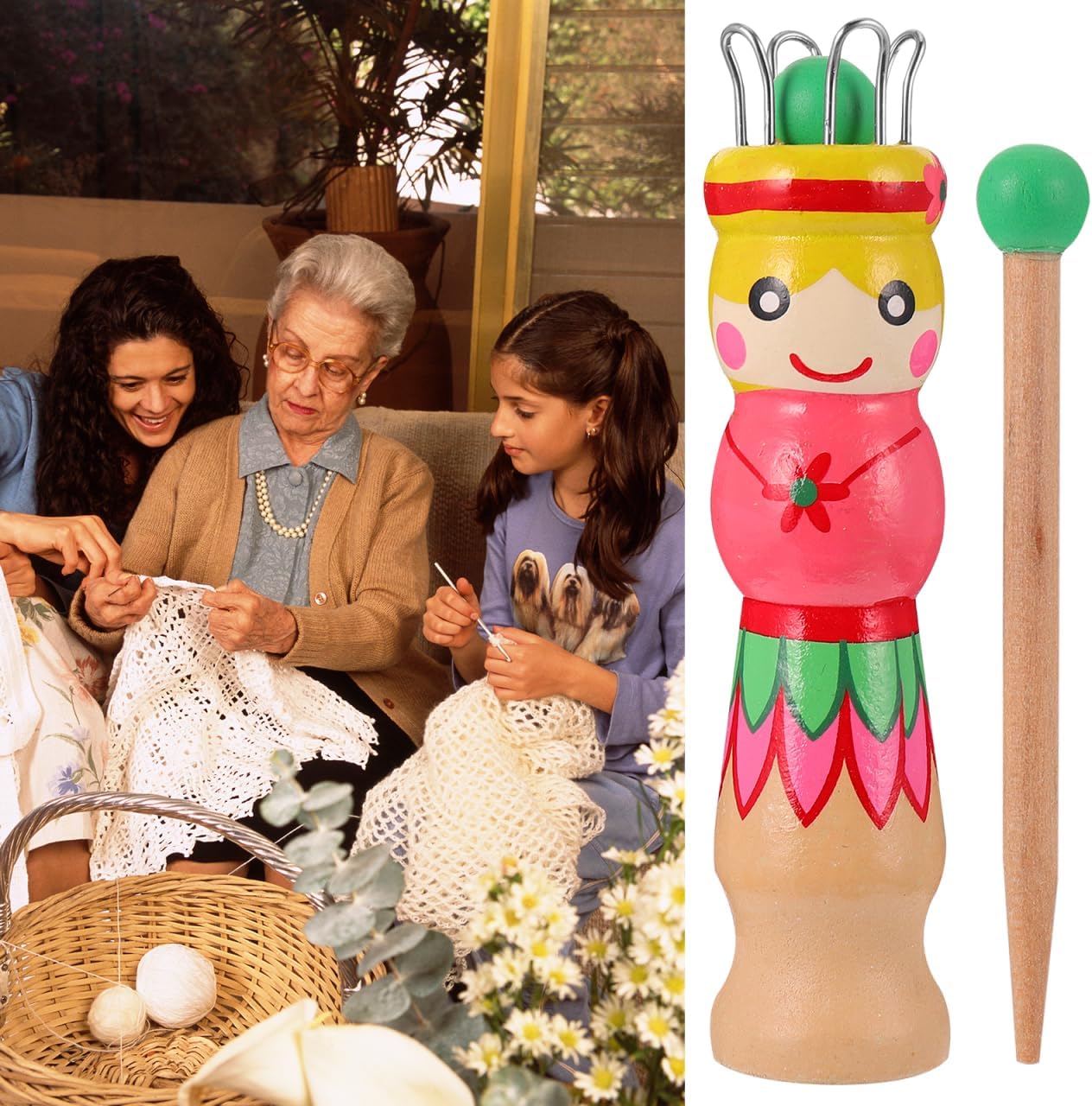 French Knitter Knitting Spool Wood Knitting Tool Wood Yarn Knitting Doll Maker Carfts Wooden Knitter with Needle
