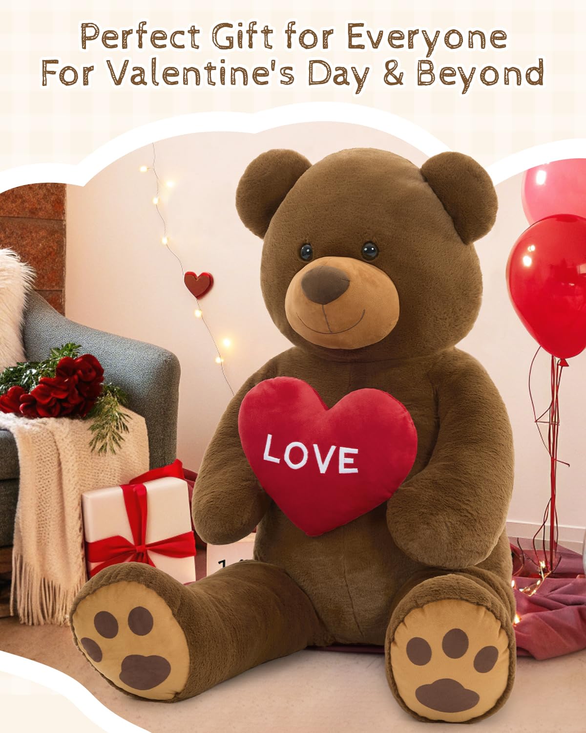 MorisMos Oso de peluche gigante con amor, 130 cm, XXL, marrón, osito de peluche grande, suave, osito de peluche, regalo para niño, novia, cumpleaños, San Valentín