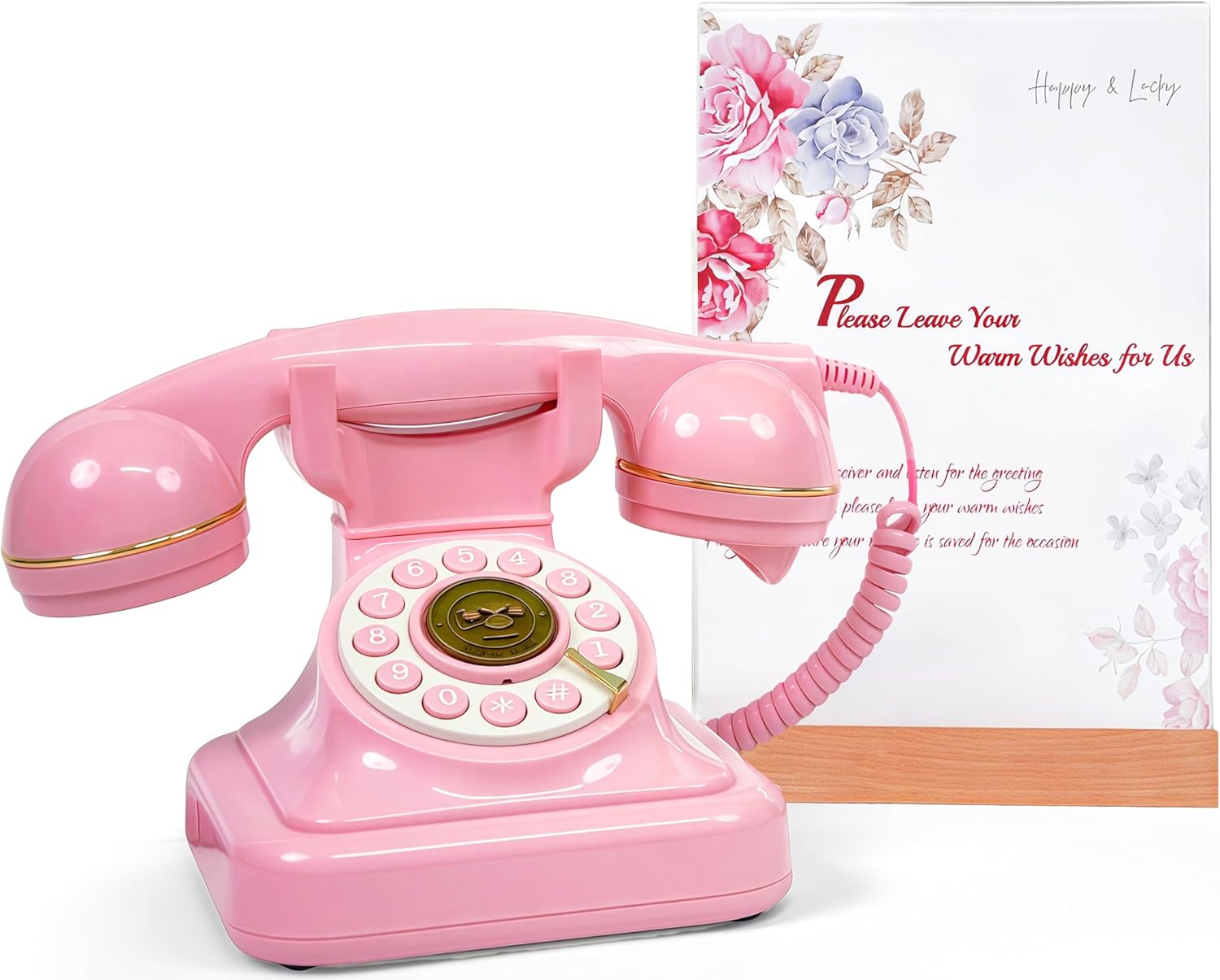 RetroVox Audio Guest Book Wedding Phone Guestbook and Signage Guest Audio Message Book, Vintage Style for Wedding Reception, Bridal Shower, Baby Shower（Pink & Sign Holder A ）