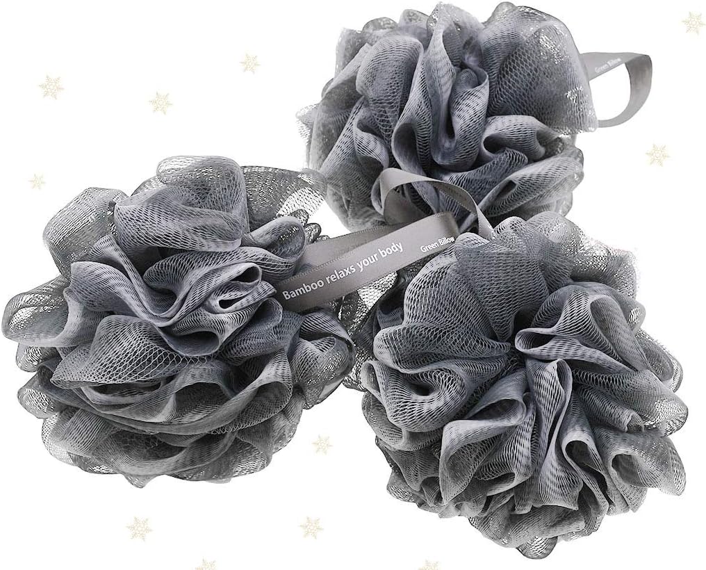 Bath Loofah Shower Sponge Ball Bamboo Charcoal Body Scrubber Exfoliating Ball Luxury Volakas White Grey Mesh Brush Ball Pack of 3 with a Hook(60g/pcs)