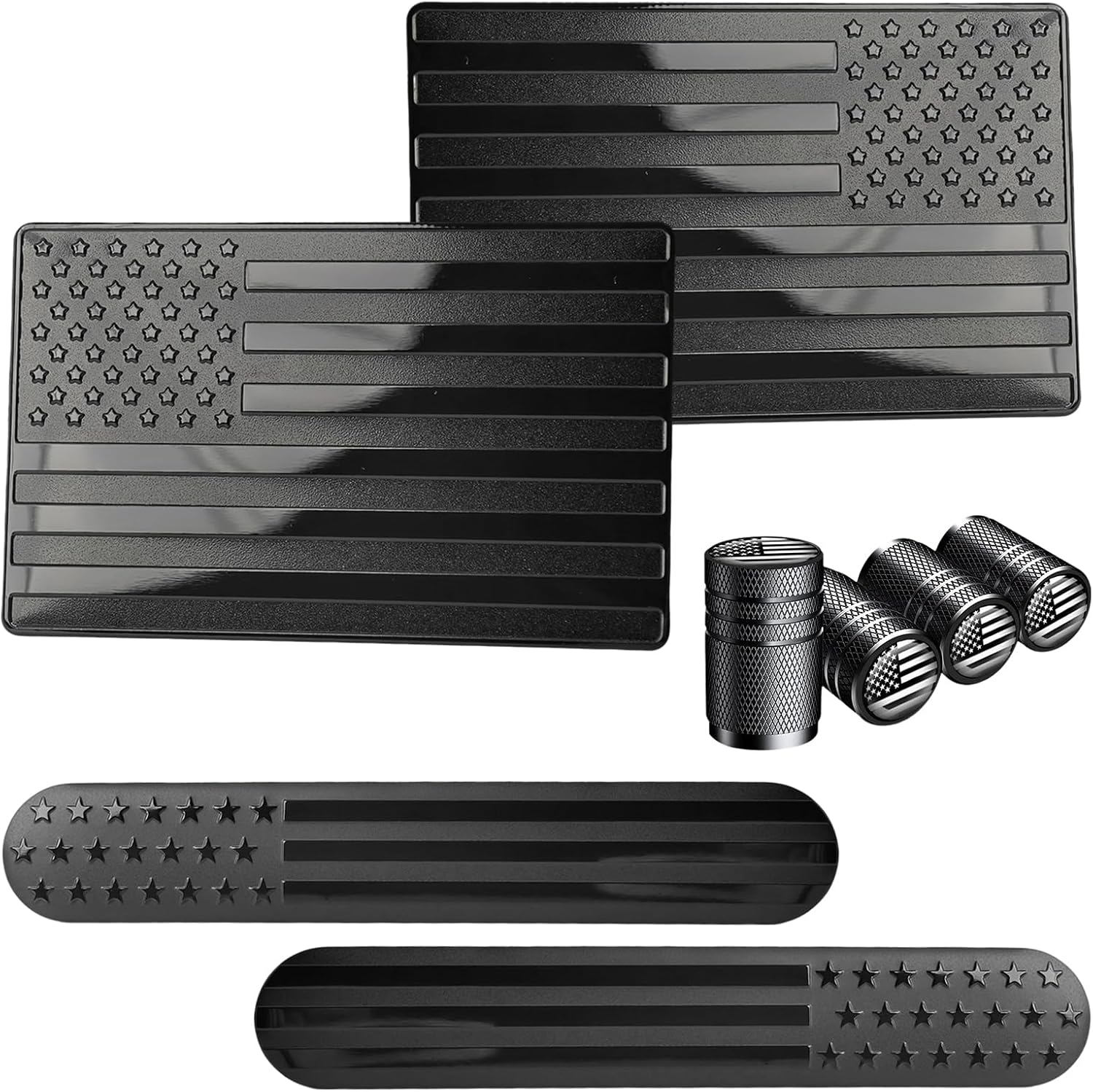 2" Trailer Hitch Cover with Black American Flag, 3D Metal USA Flag Decals 2PCS (5"x3") & 4 Tire Valve Stem Caps, Patriotic Accessories for Trucks, SUVs