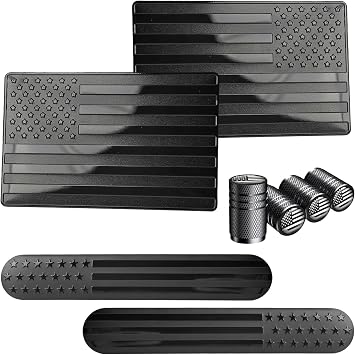 3D Metal Black American Flag Decal & Tire Valve Stem Caps for Cars