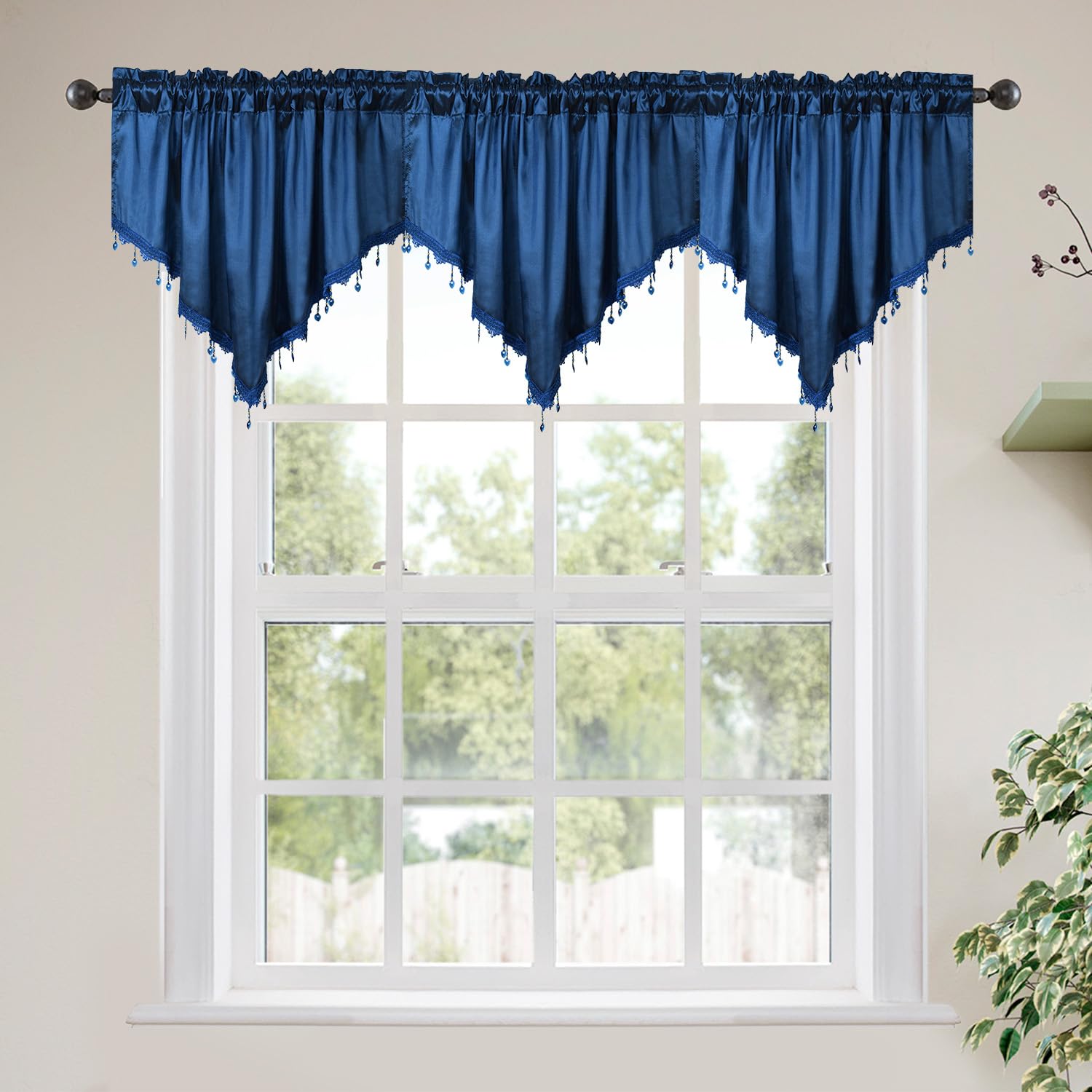 Molaxhome Valance Swag Curtain 51 Inch Scalloped Cloth Curtain Panels with Crystal Beads - Rod Pocket Farmhouse Window Treatment for Kitchen Bedroom 1pc Boho Chic Drape Decor 021Navy — image 1