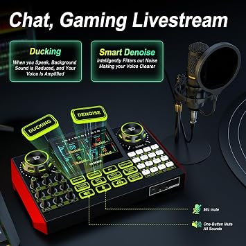 Audio Mixer, Sound Board for Pc/Phone Live Streaming Singing Gaming, Sound Mixer for 3.5/6.35mm Dynamic Microphone, Live Sound Card with DJ Mixer Effects & Voice Changer, Denoise, One Click Mute