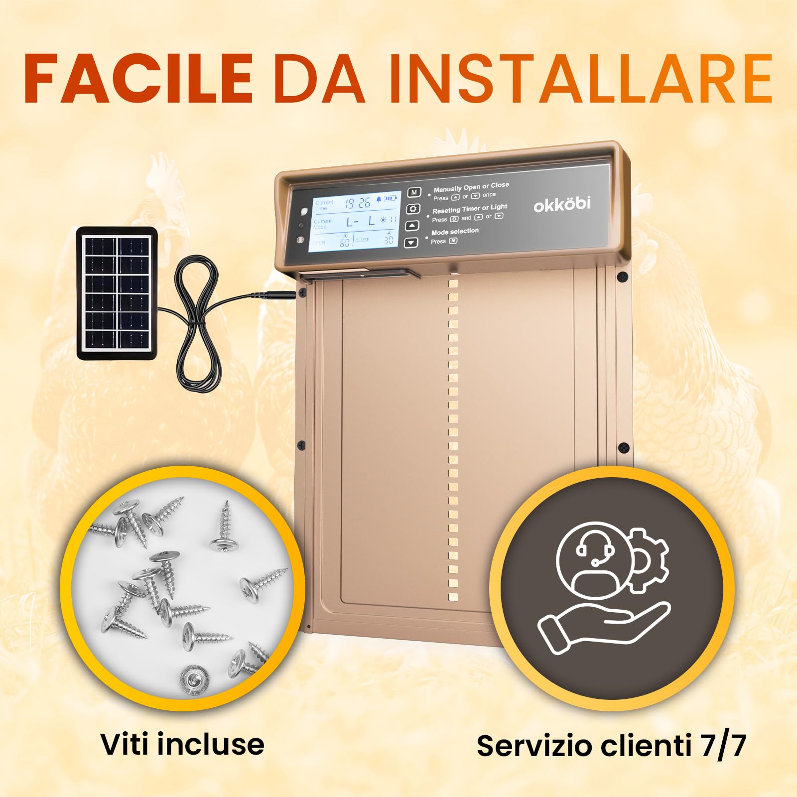 Chicken Coop Door Porta Automatica Pollaio Solare, Display LCD | Sensore di Luce e Timer, Funzione Antipizzicamento, Batteria da 2000 mAh, Intelligente e Sicura - Oro Rosa