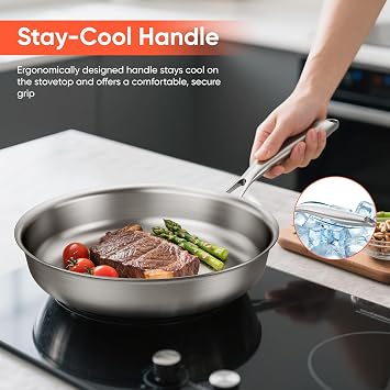 Stainless Steel Frying Pan, 30cm Saute Pan with lid, Premium 3-Ply Stainless Steel, Coating-Free and PFOA-Free, Suitable for All Stovetops, Dishwasher and Oven