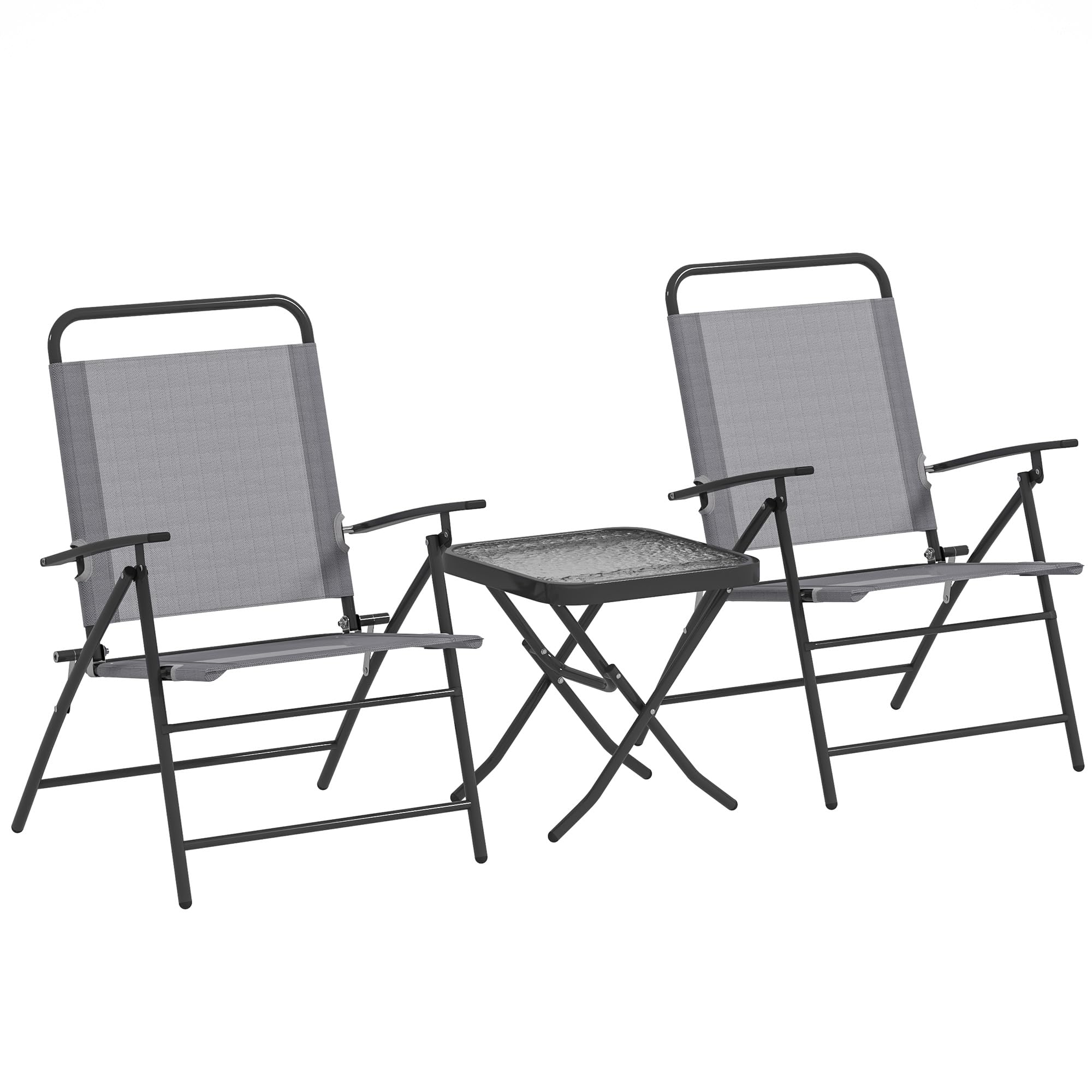 Outsunny Conjunto de Mesa y Sillas de Terraza Exterior de 3 Piezas Muebles de Jardín Exterior Plegables con Respaldo Regulable Tablero de Vidrio y Estructura de Acero Gris