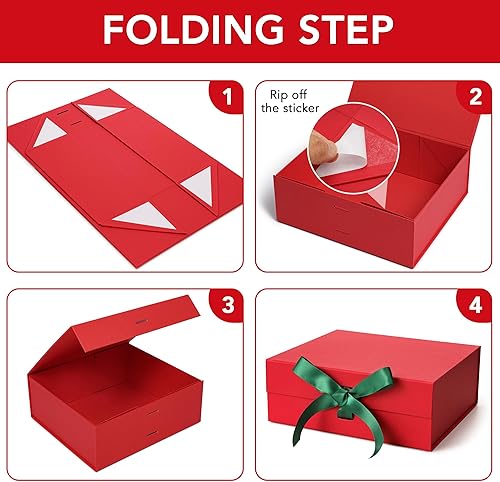 Miniatura 6 de SWANGSA Cajas de regalo de Navidad rojas con tapa para regalos de 10.2 x 8.8 x 3.8 pulgadas, caja de regalo grande con cinta y cierre magnético,