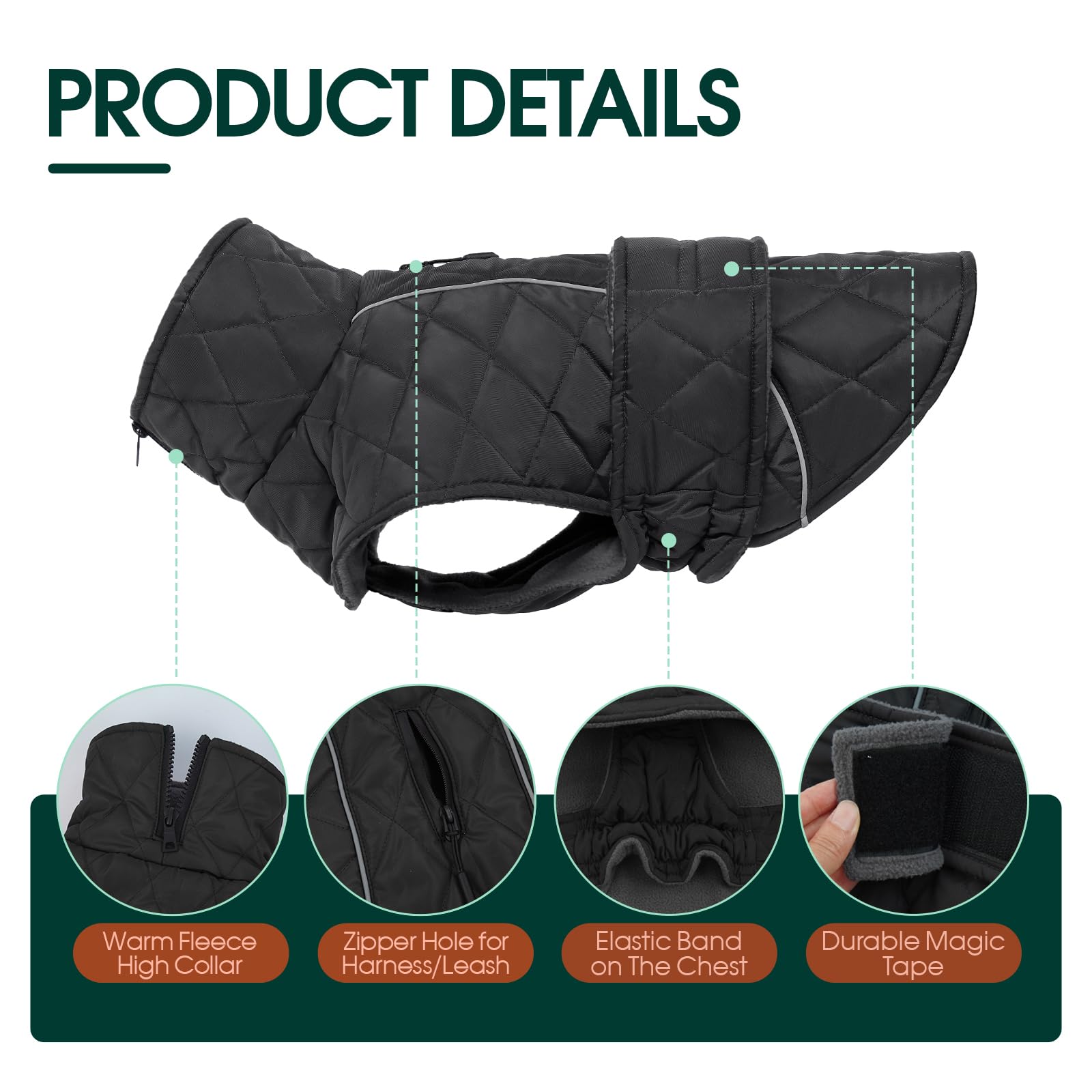 Kuoser - Cappotto impermeabile per cani XXX-Large, caldo gilet in pile con foro per pettorina con cerniera, facile da indossare con nastro magico, antivento, cappotto invernale per cani per