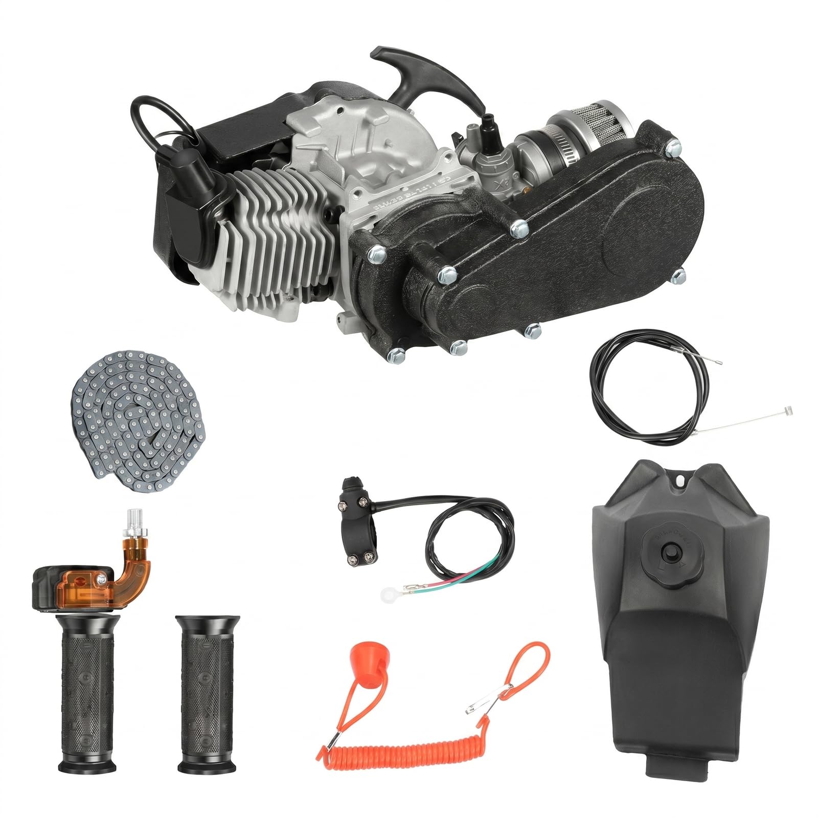 Pocket Bike Motor 2 Takt 49ccm 1.9KW, Mini Benzinmotor 50ccm 2,7NM Max. Drehmoment, 2 Takt Motor 3,5PS Luftgekühlt für Pocketbike, Mini Dirt Bike, ATV, Roller mit CVT Getriebe